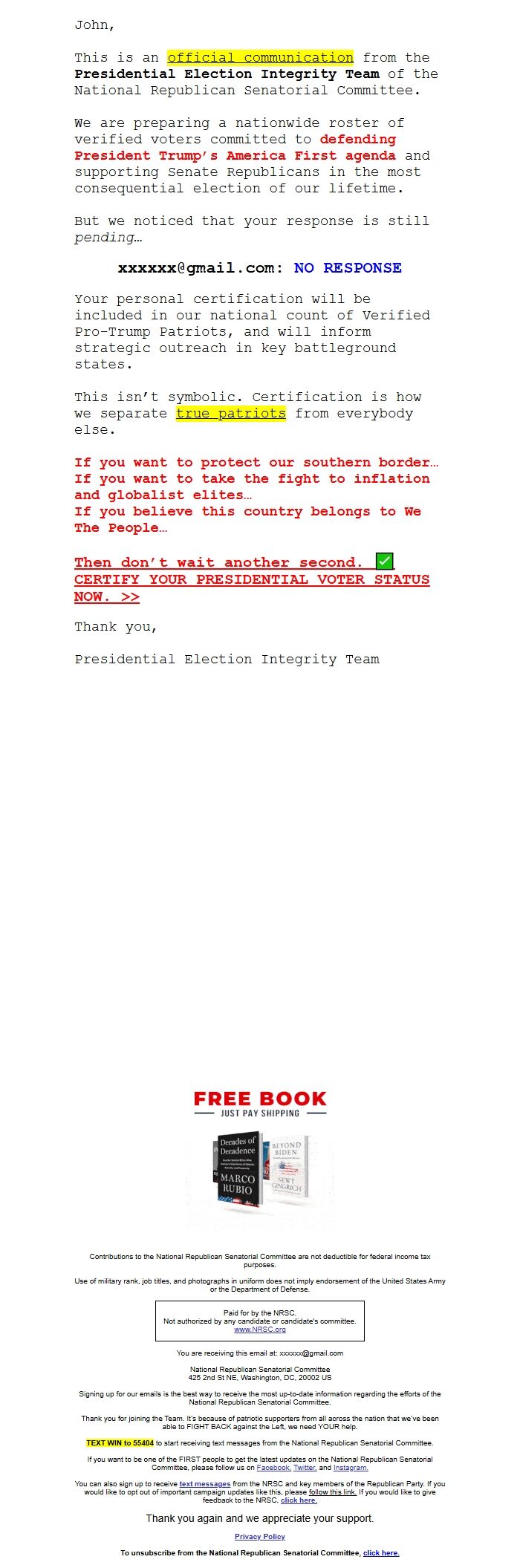Screenshot of the email generated on import