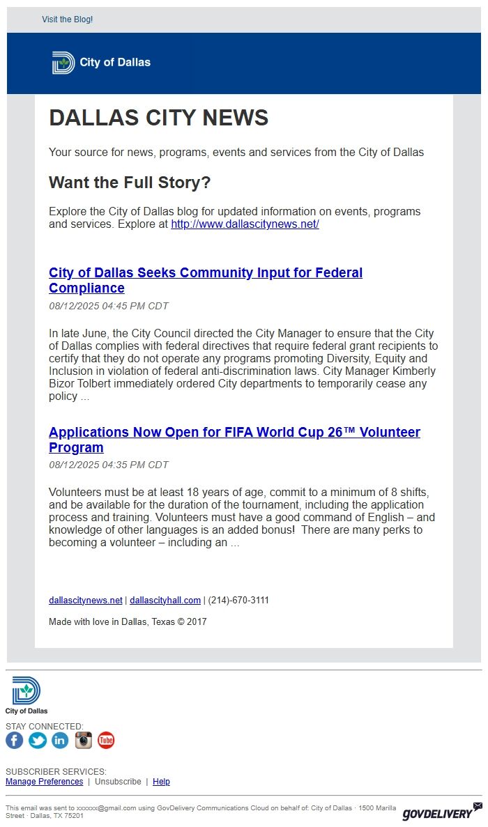 Screenshot of the email generated on import