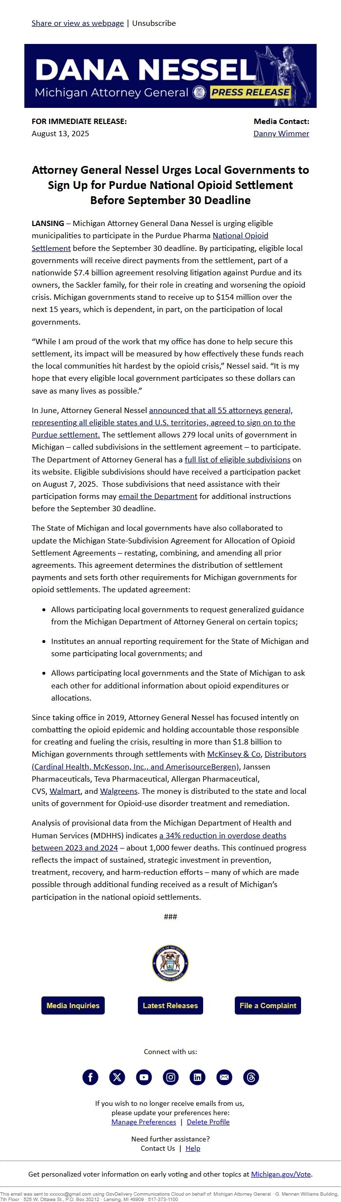 Screenshot of the email generated on import
