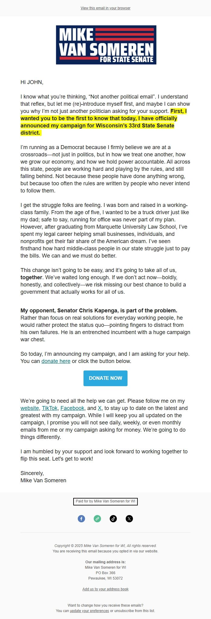 Screenshot of the email generated on import