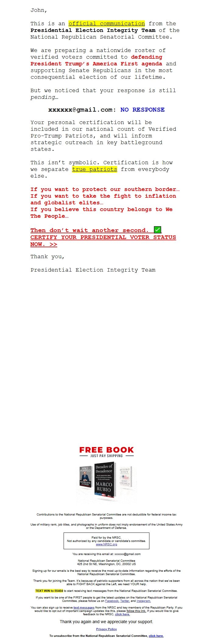 Screenshot of the email generated on import