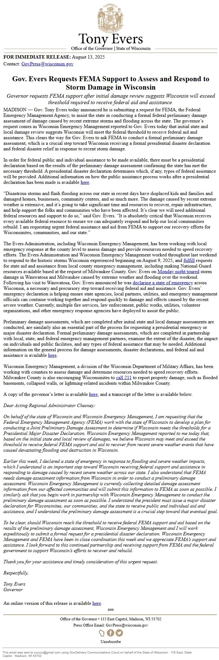 Screenshot of the email generated on import