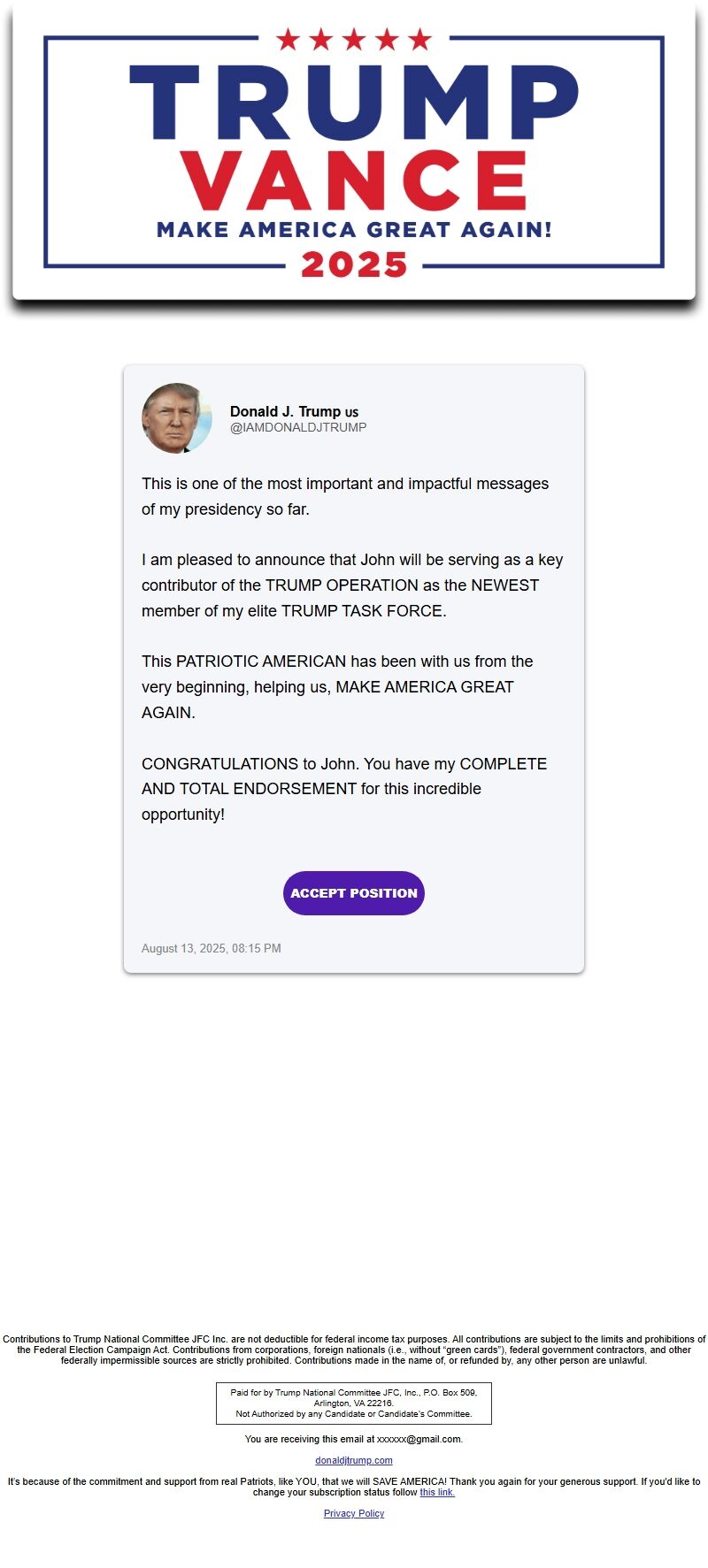 Screenshot of the email generated on import