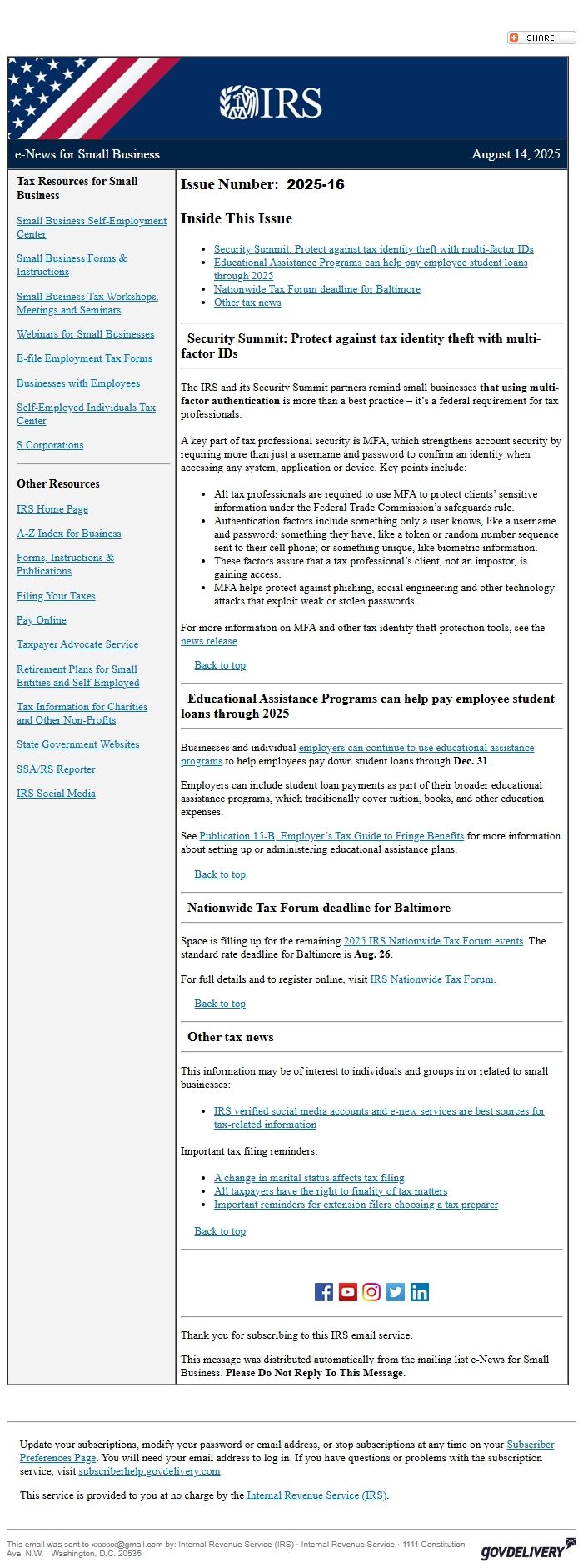 Screenshot of the email generated on import