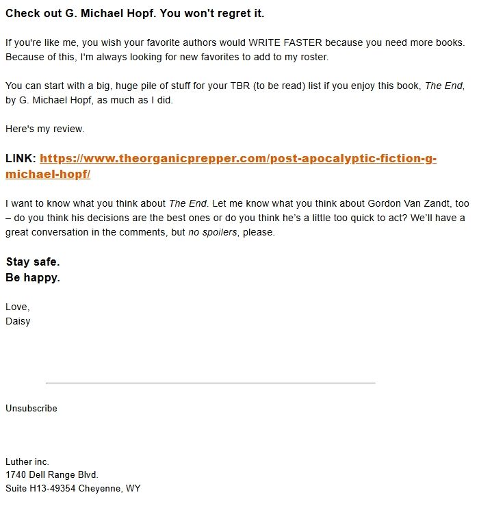 Screenshot of the email generated on import