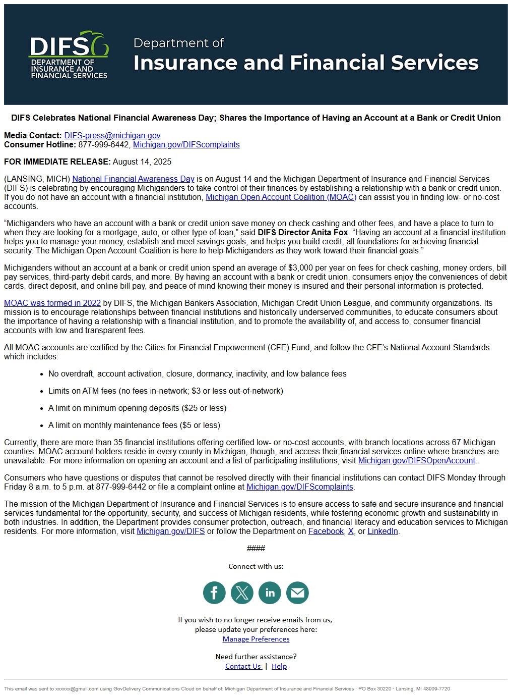 Screenshot of the email generated on import