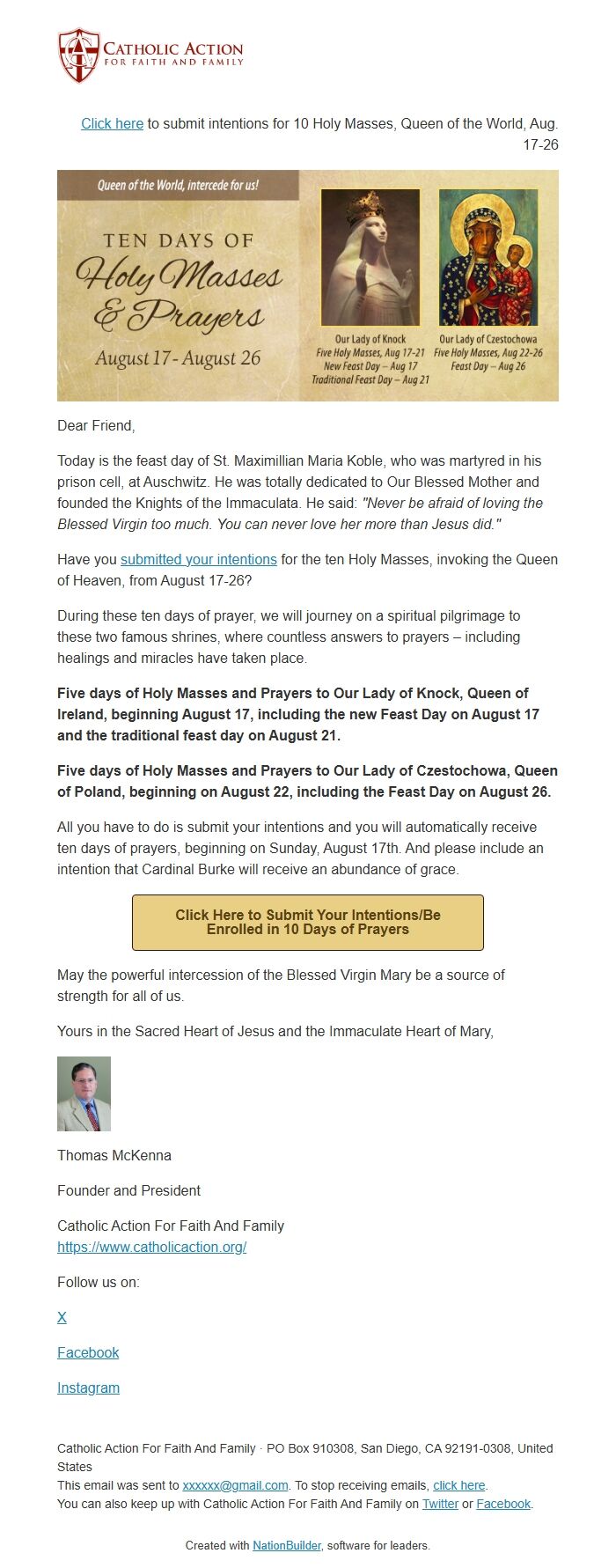 Screenshot of the email generated on import