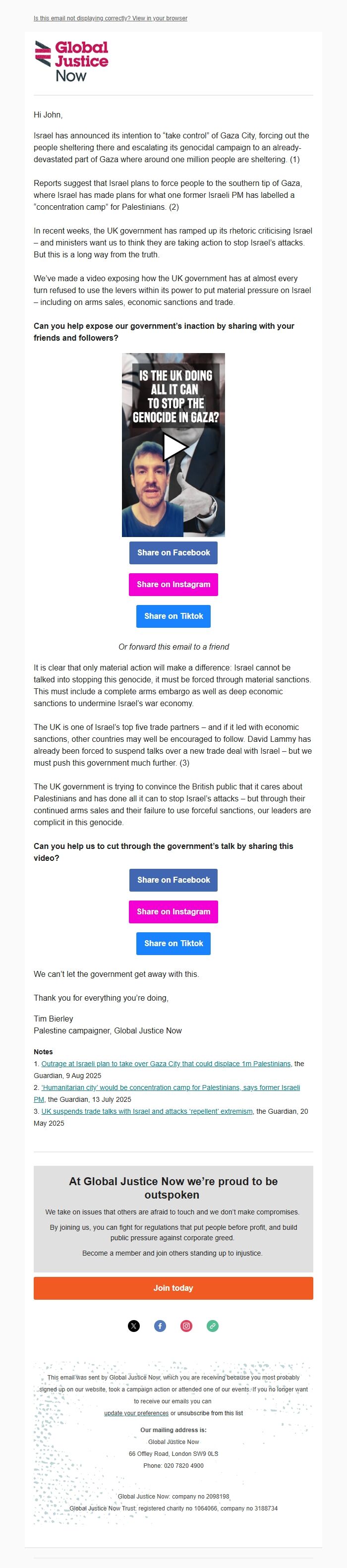 Screenshot of the email generated on import