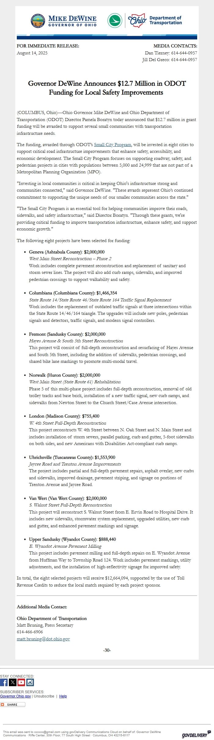 Screenshot of the email generated on import