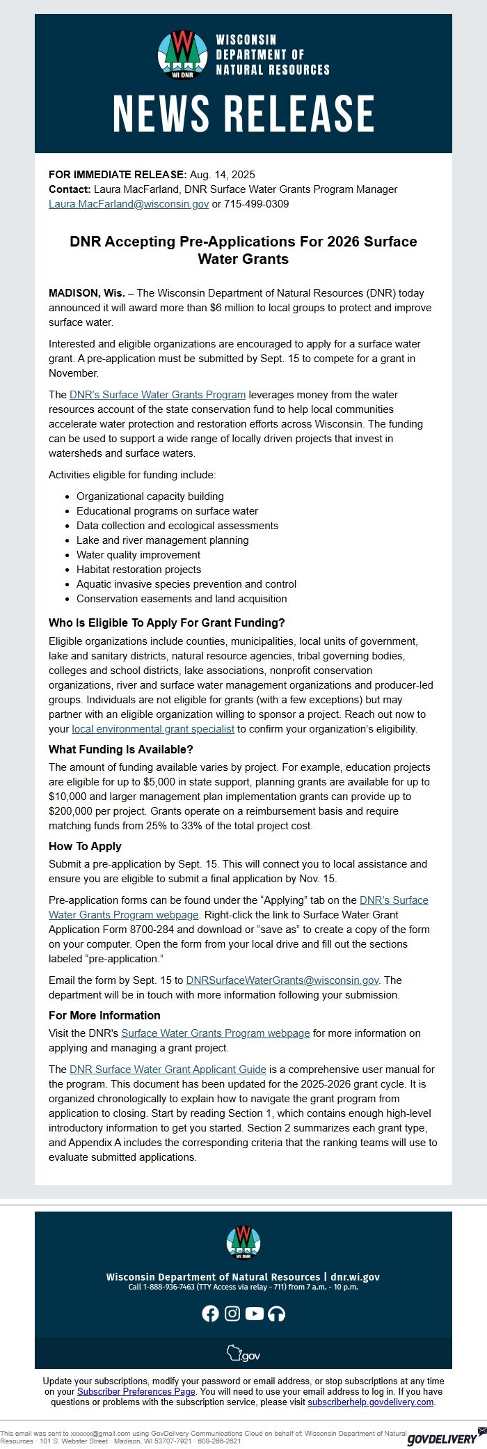 Screenshot of the email generated on import