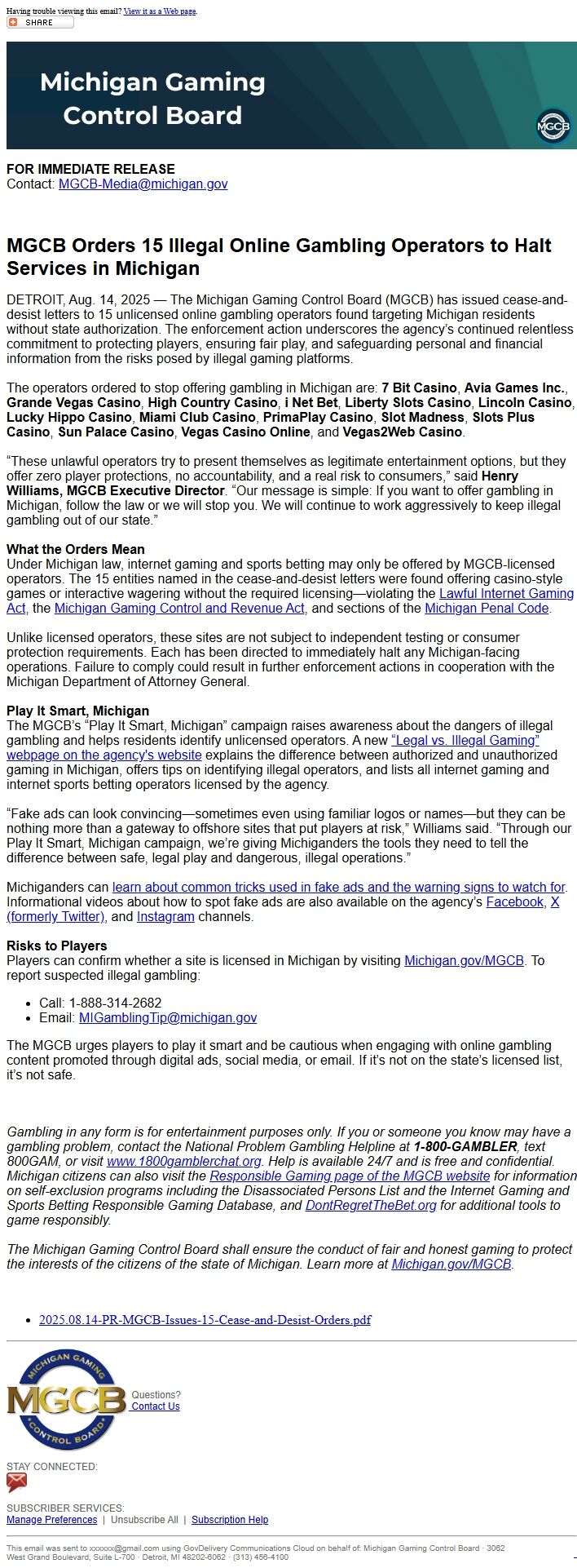 Screenshot of the email generated on import