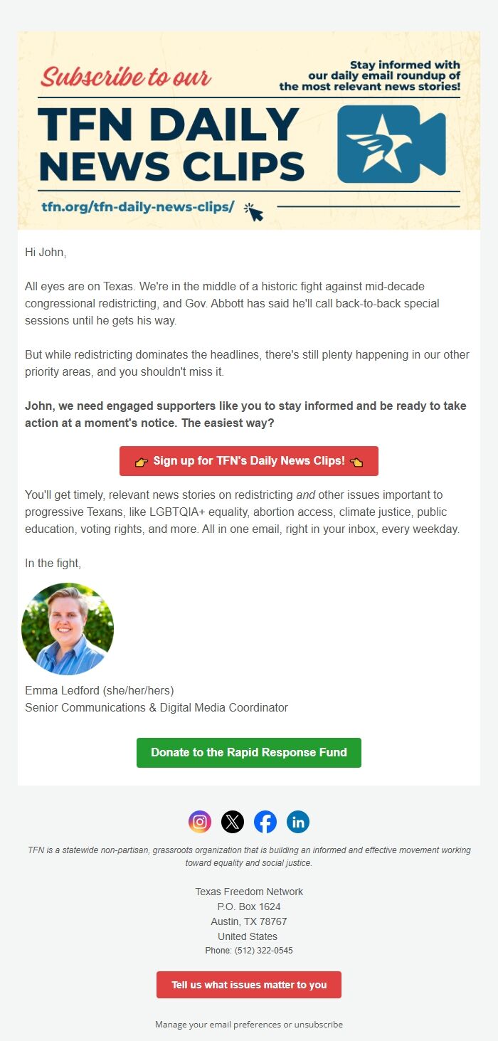 Screenshot of the email generated on import
