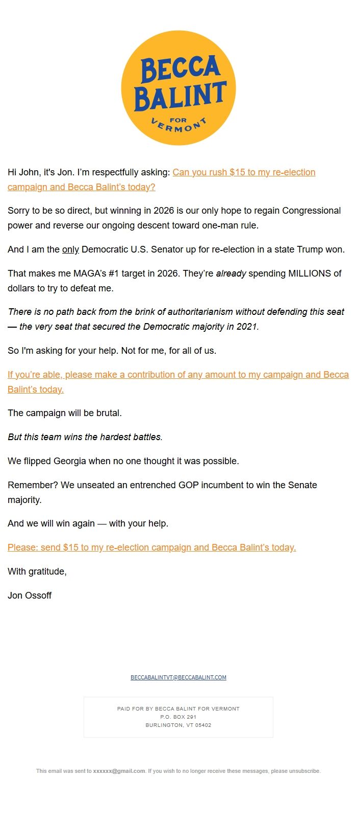 Screenshot of the email generated on import