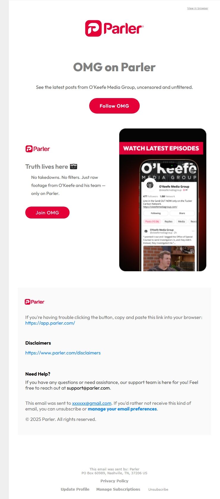 Screenshot of the email generated on import