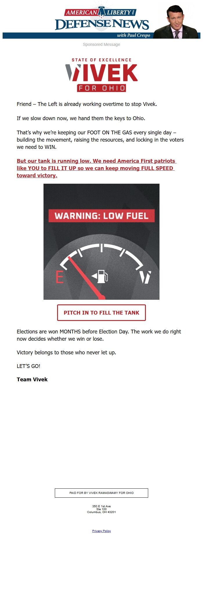 Screenshot of the email generated on import