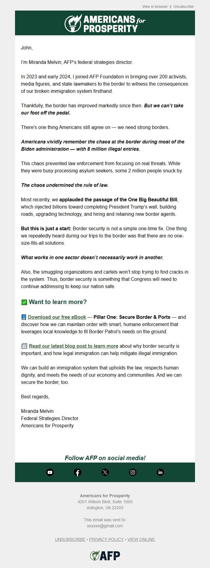 Screenshot of the email generated on import