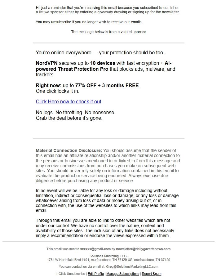 Screenshot of the email generated on import