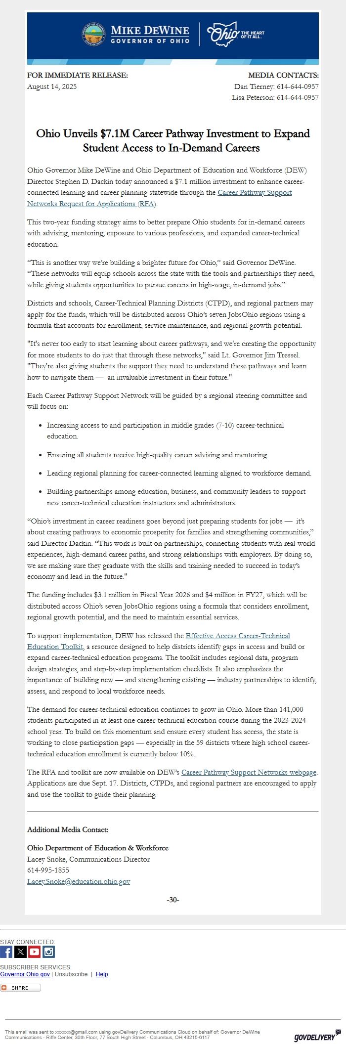 Screenshot of the email generated on import