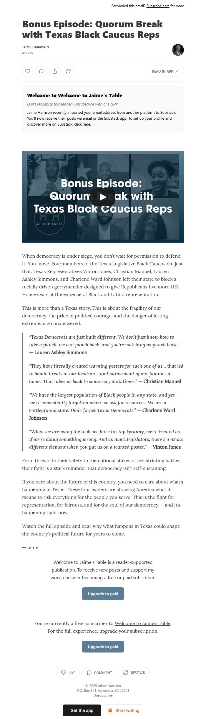 Screenshot of the email generated on import