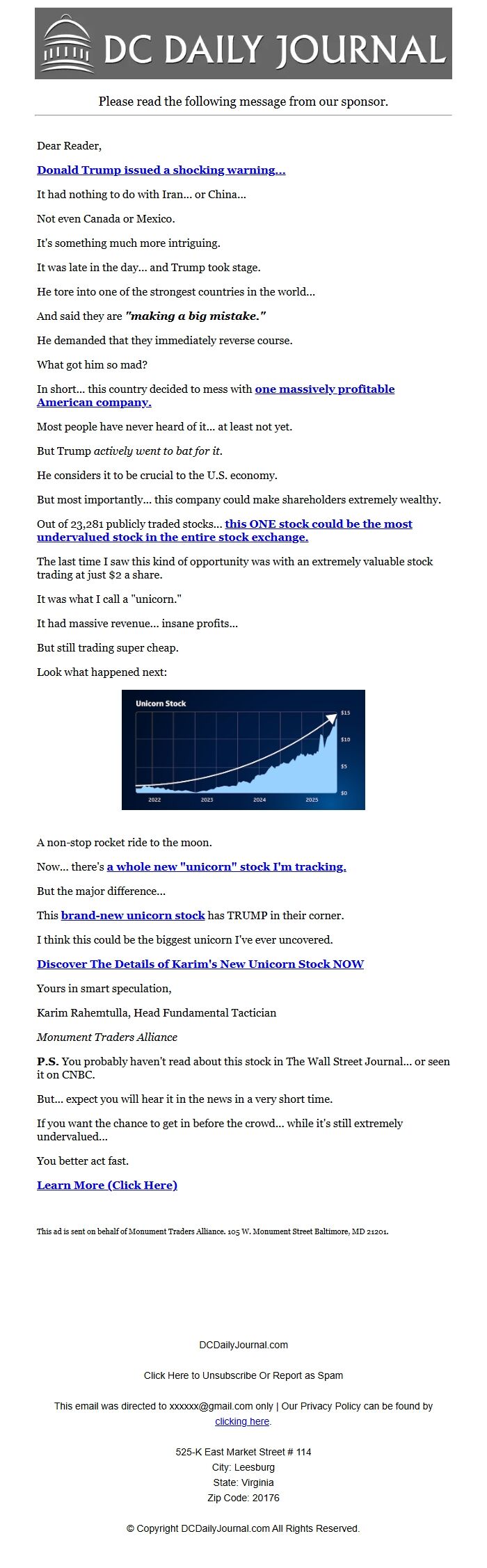 Screenshot of the email generated on import