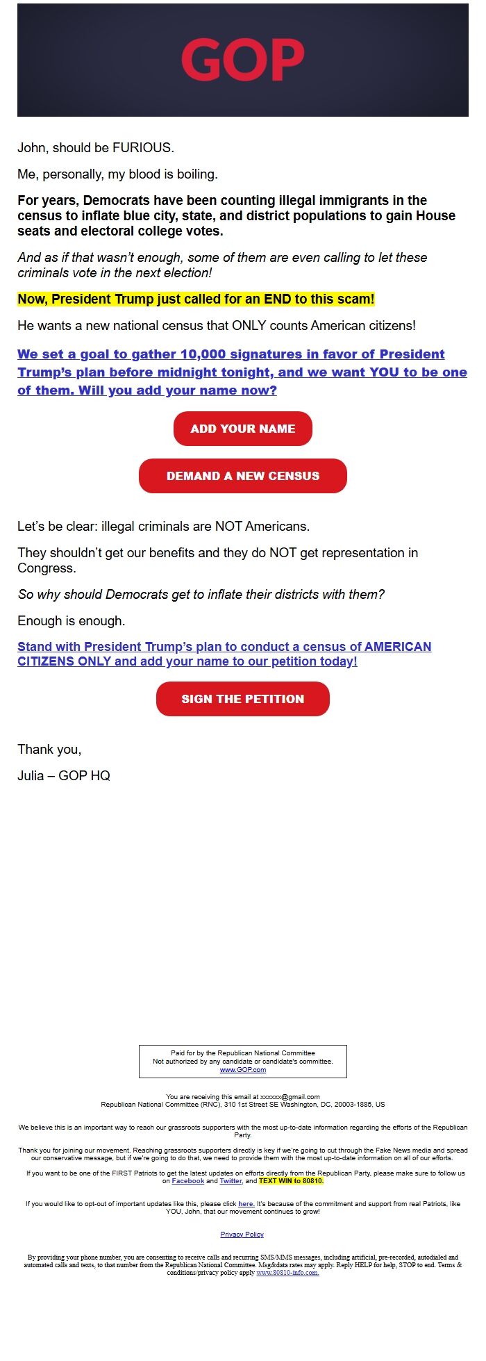 Screenshot of the email generated on import
