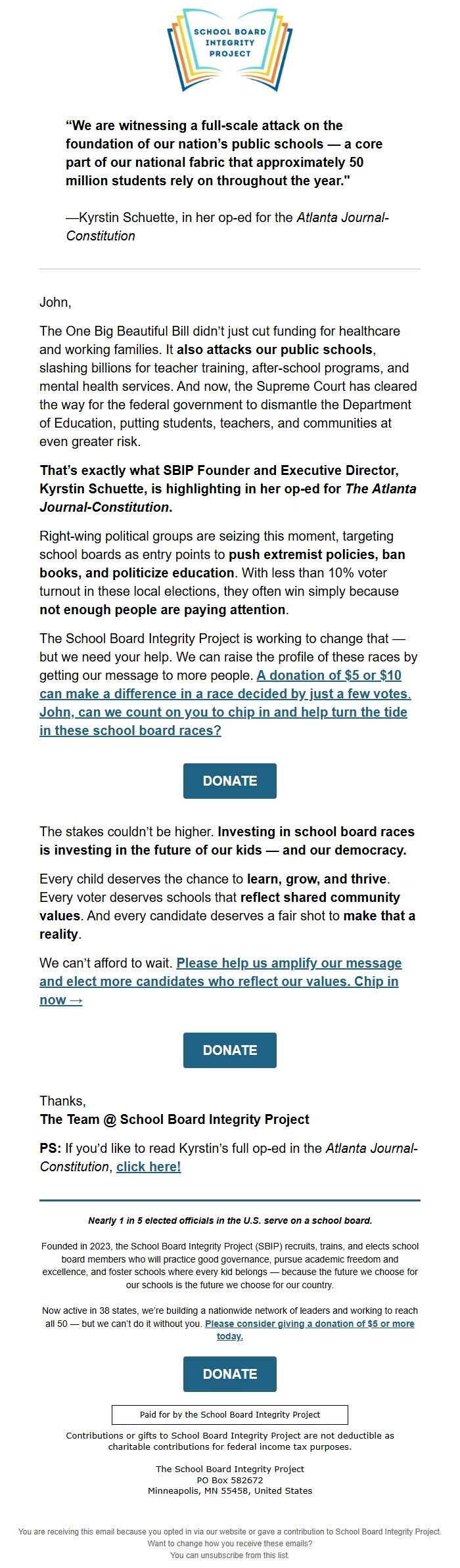 Screenshot of the email generated on import