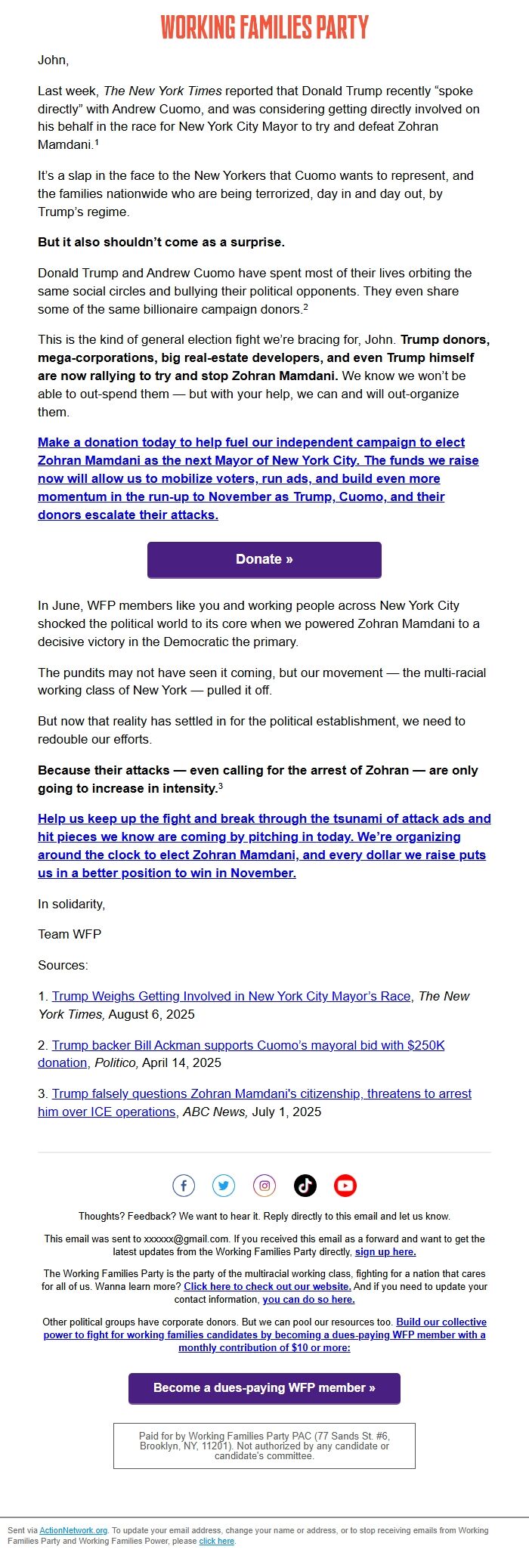 Screenshot of the email generated on import
