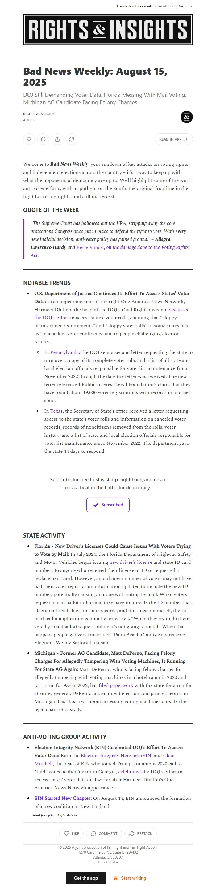 Screenshot of the email generated on import