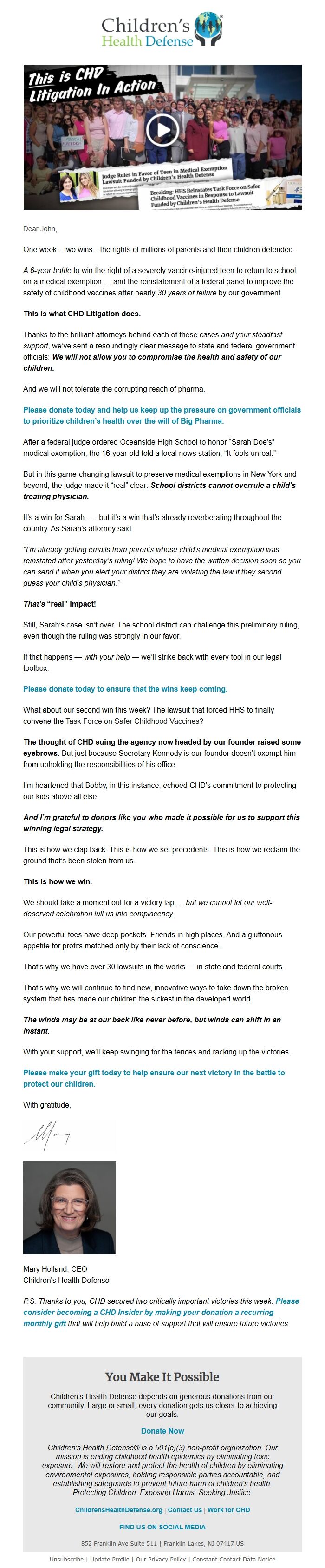 Screenshot of the email generated on import