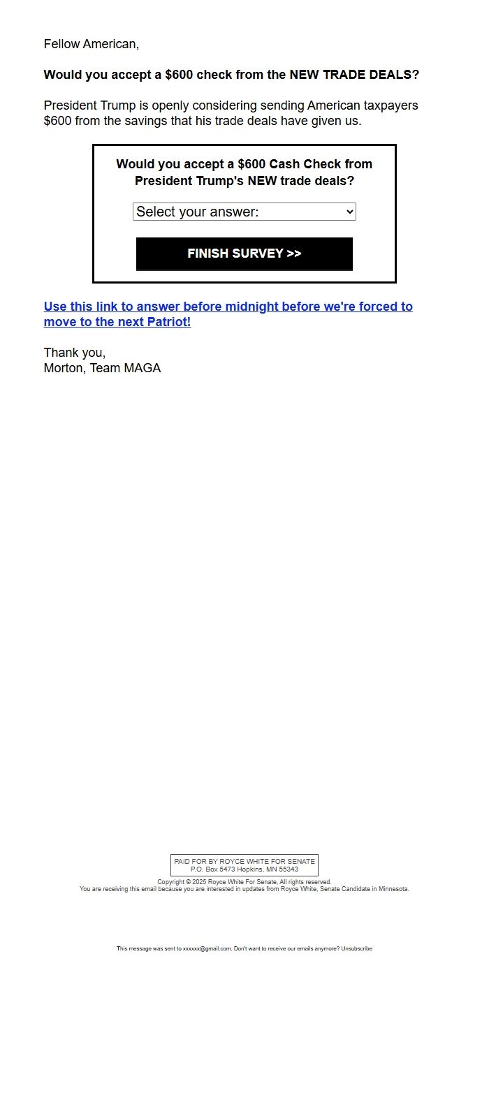Screenshot of the email generated on import