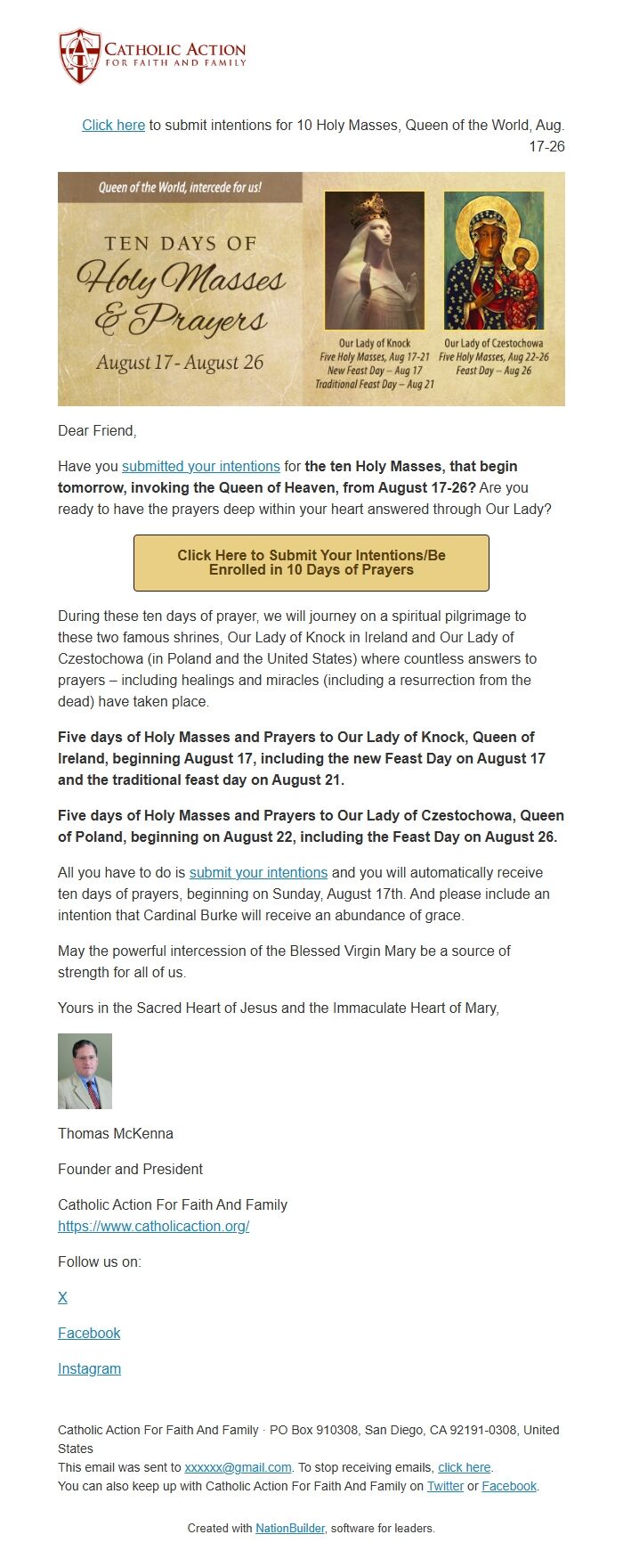 Screenshot of the email generated on import