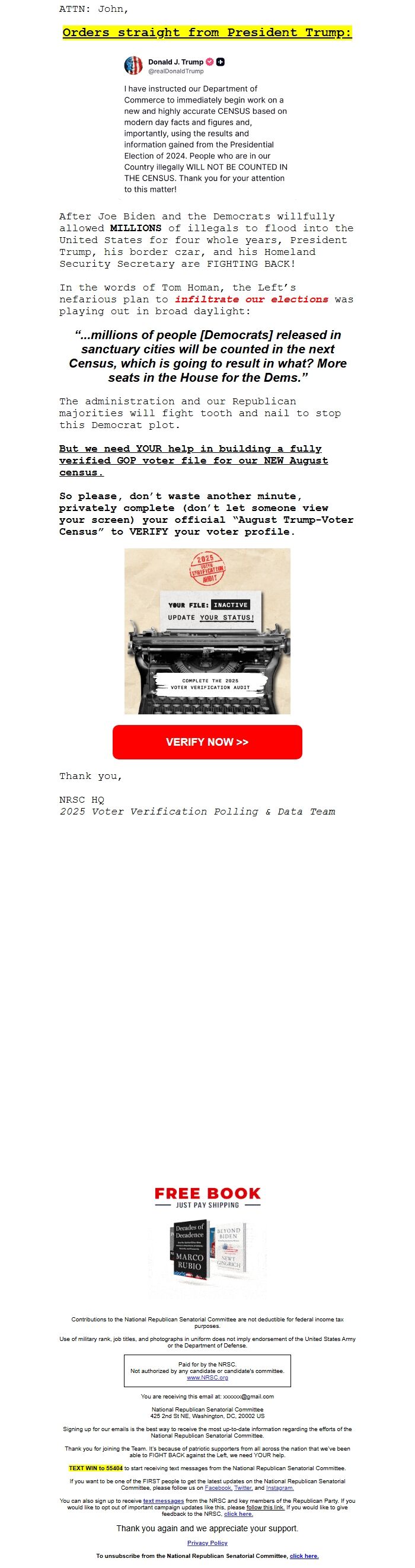 Screenshot of the email generated on import