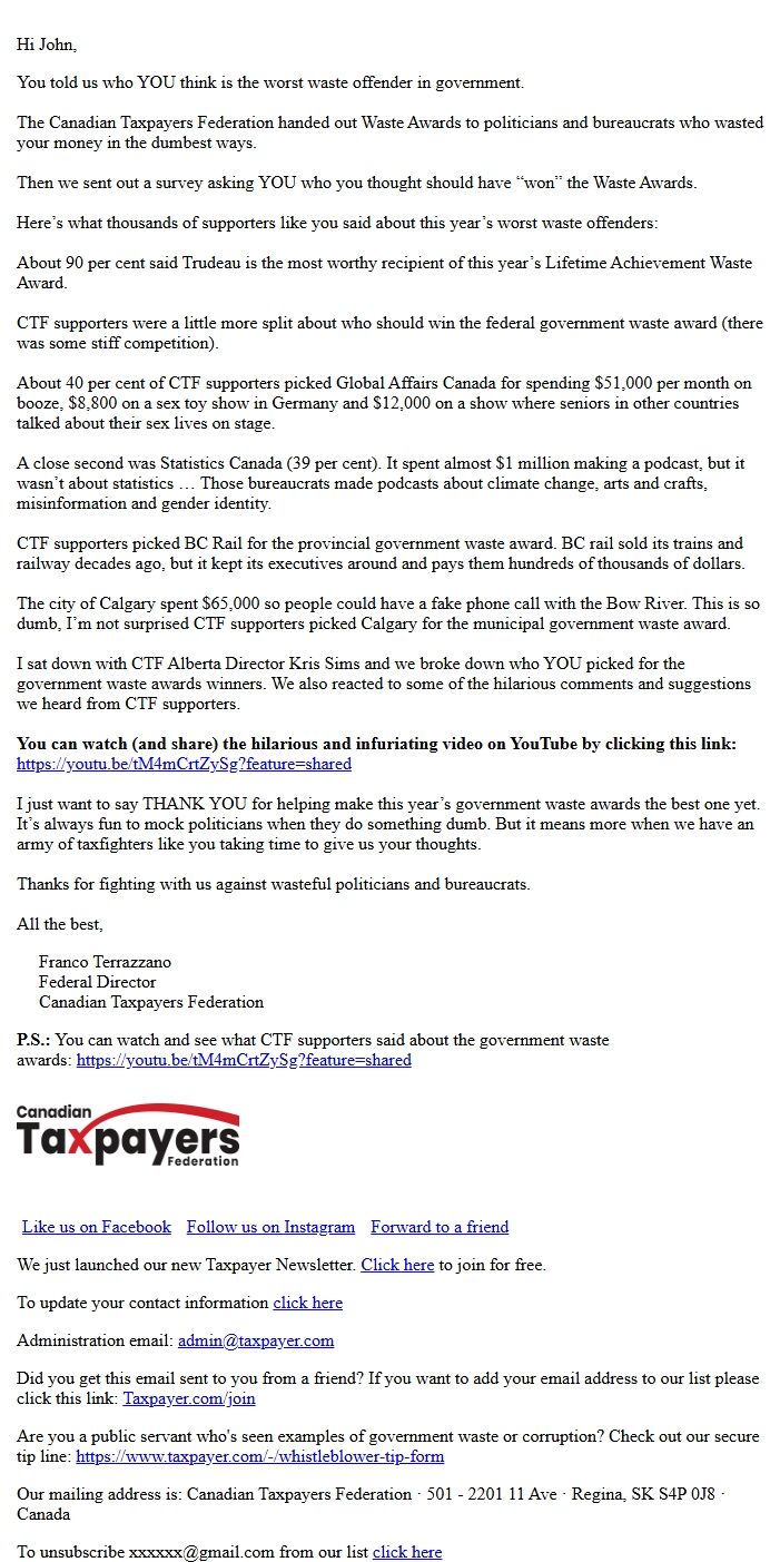 Screenshot of the email generated on import