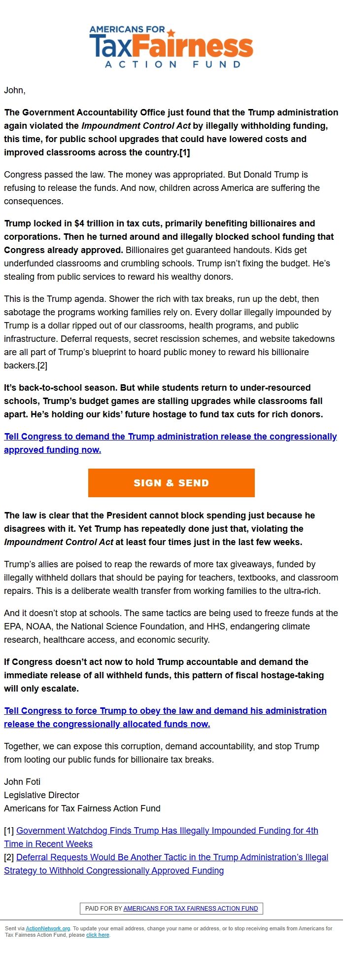 Screenshot of the email generated on import