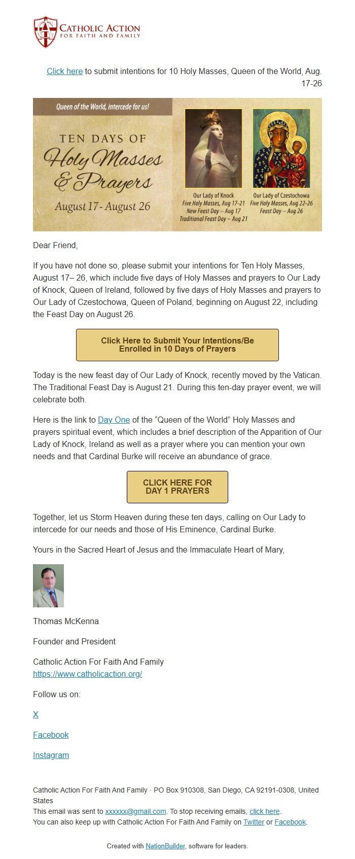 Screenshot of the email generated on import