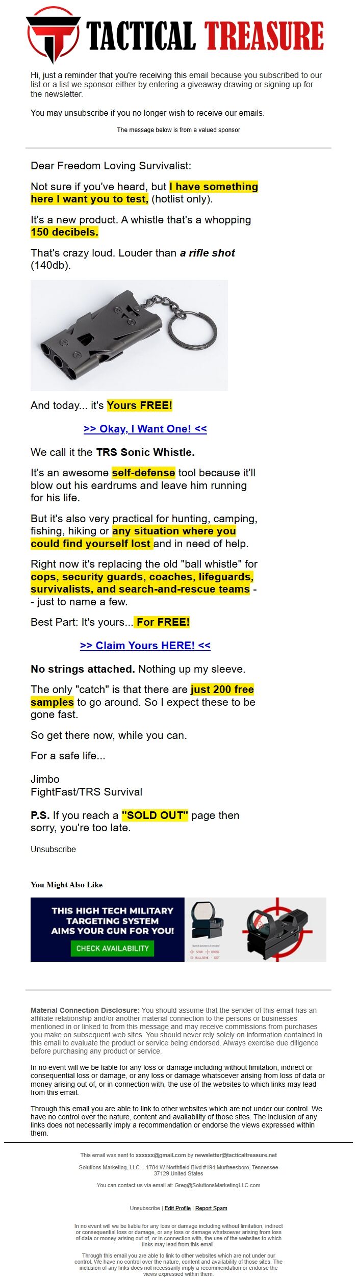 Screenshot of the email generated on import