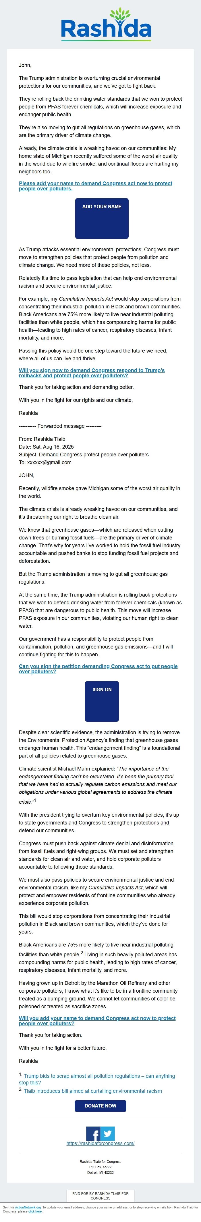 Screenshot of the email generated on import