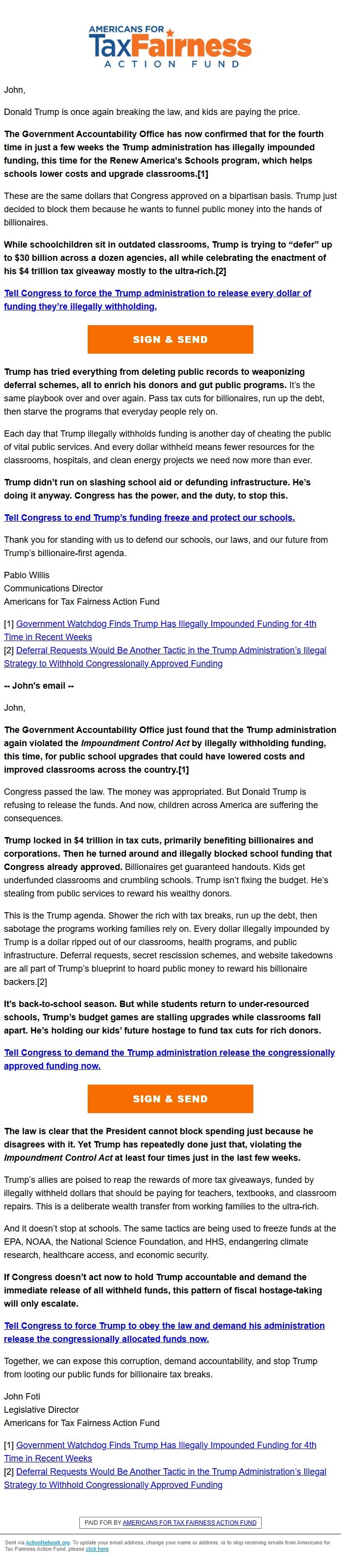 Screenshot of the email generated on import