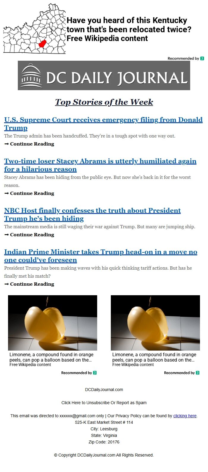 Screenshot of the email generated on import