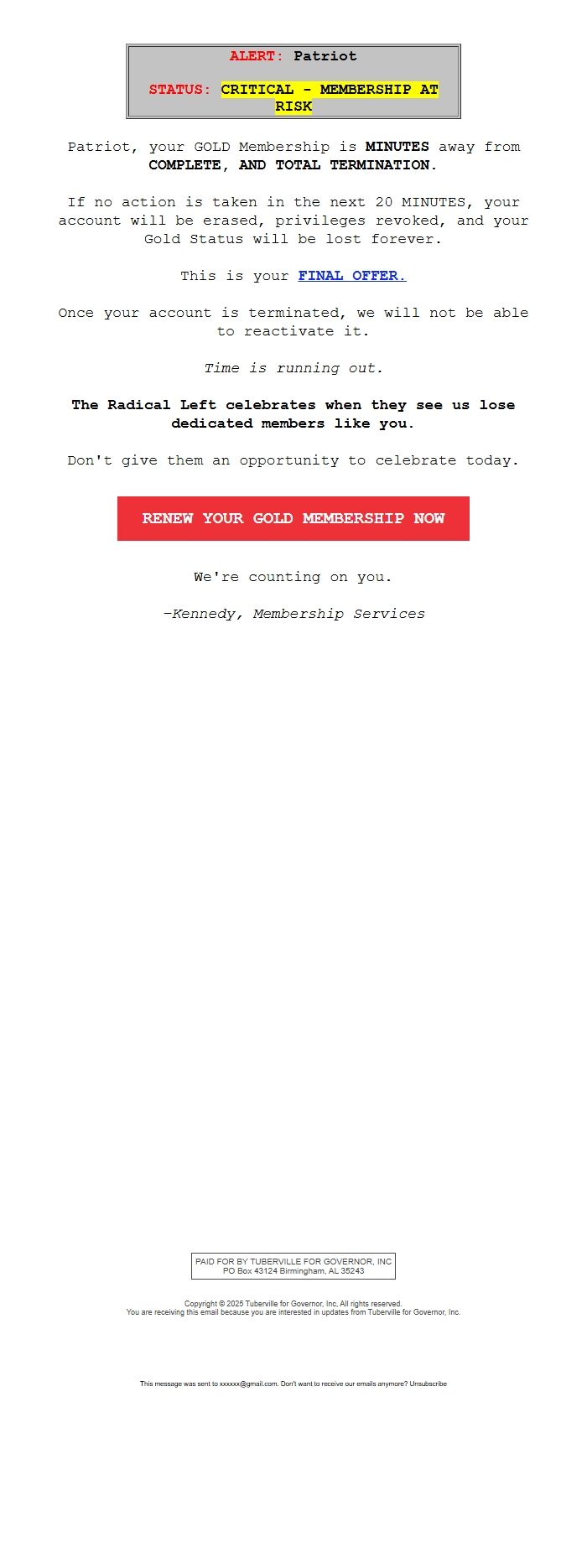 Screenshot of the email generated on import