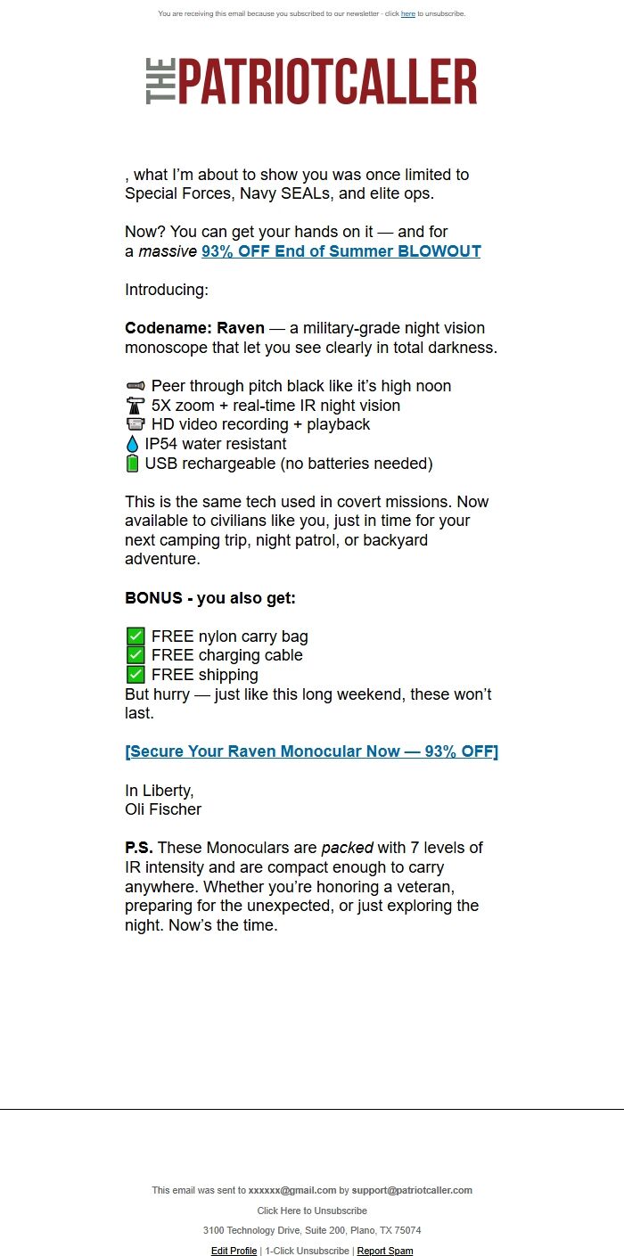 Screenshot of the email generated on import