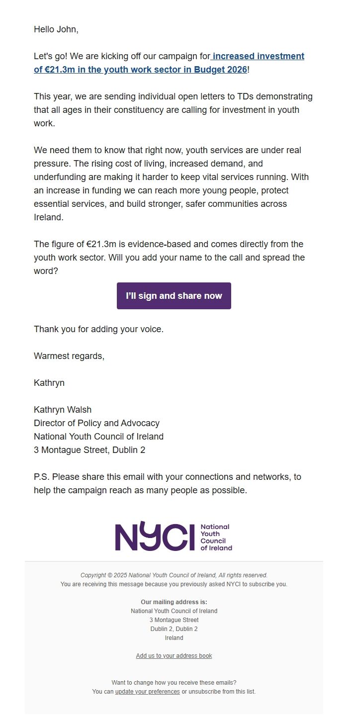 Screenshot of the email generated on import