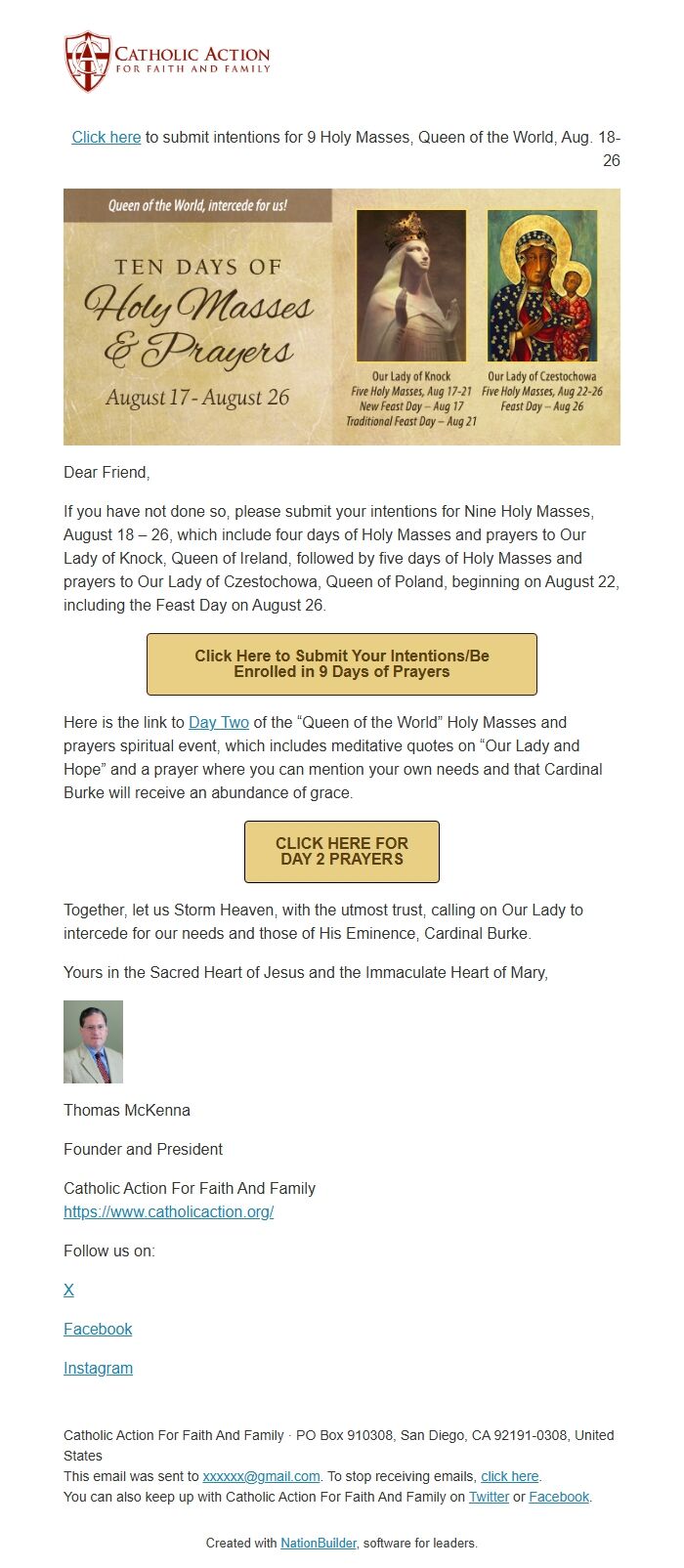 Screenshot of the email generated on import