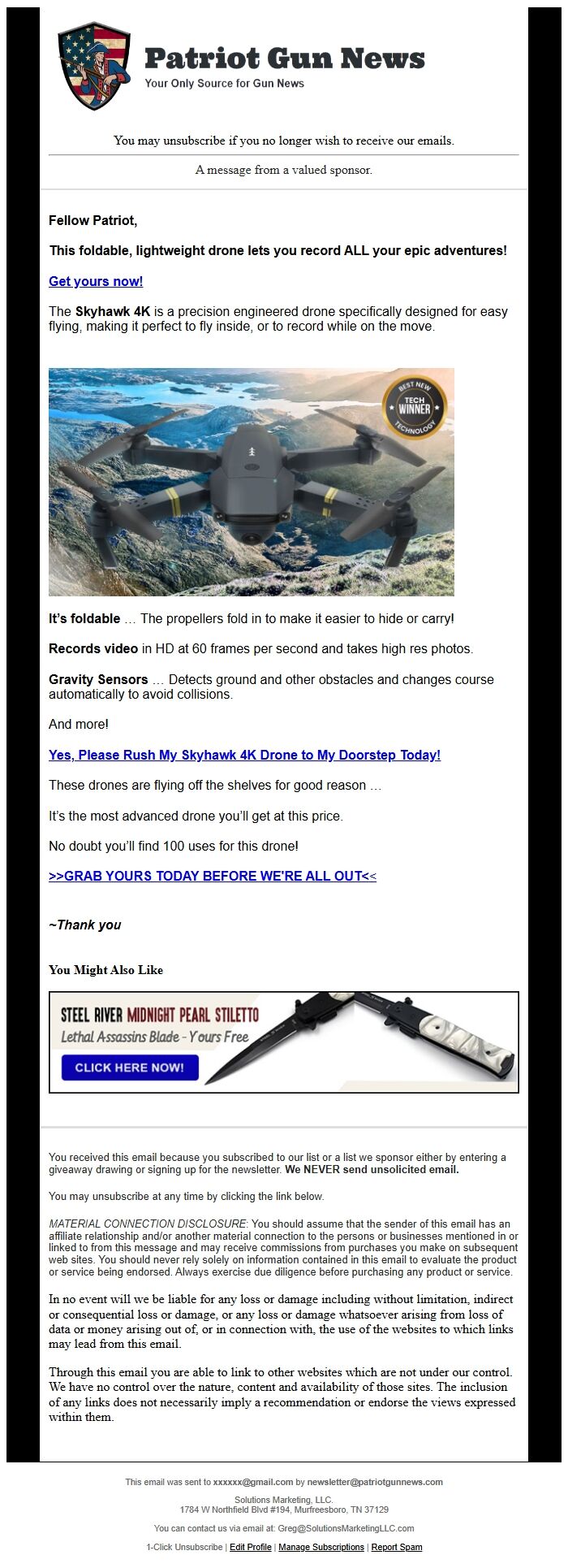 Screenshot of the email generated on import