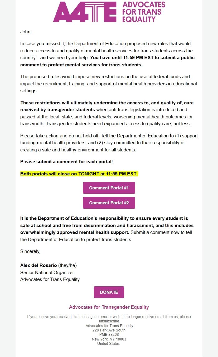 Screenshot of the email generated on import