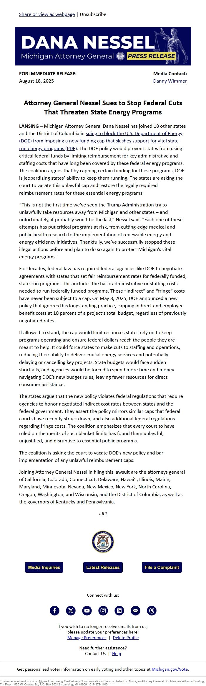 Screenshot of the email generated on import