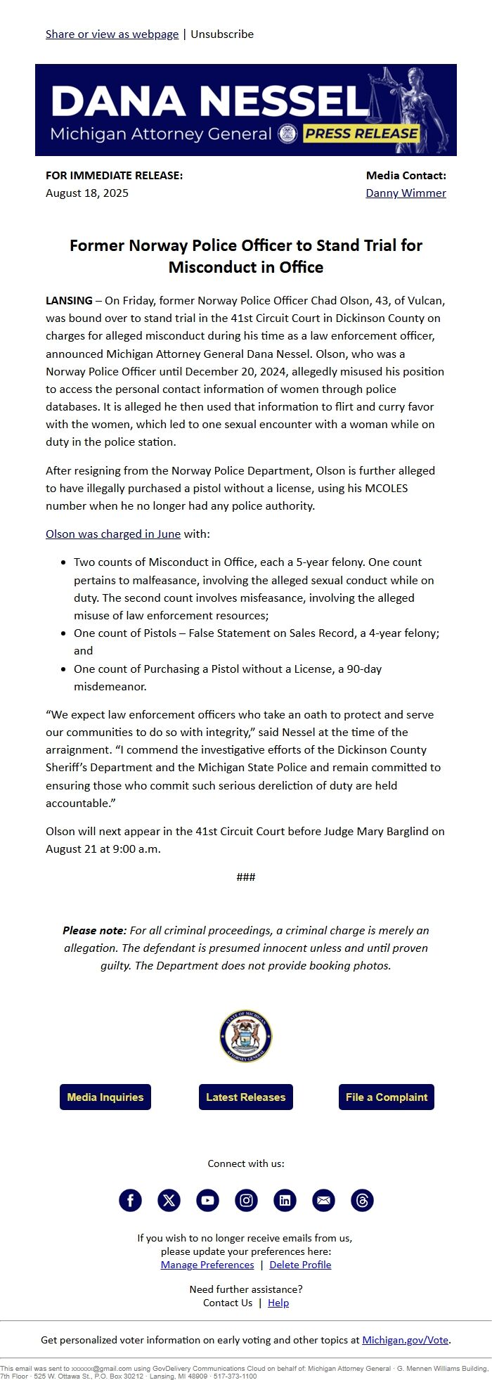 Screenshot of the email generated on import