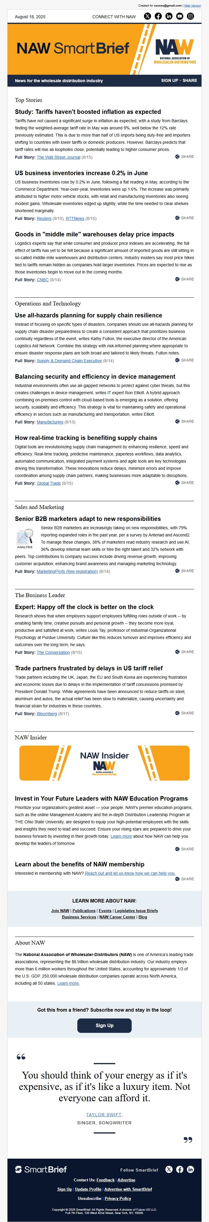 Screenshot of the email generated on import