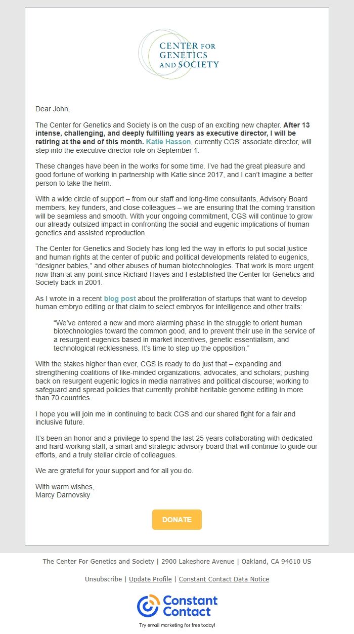 Screenshot of the email generated on import