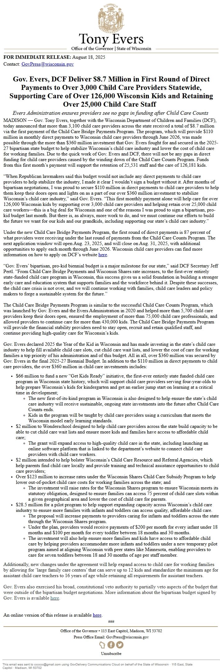 Screenshot of the email generated on import